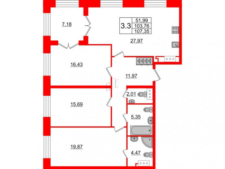 Трёхкомнатная квартира 103.76 м²