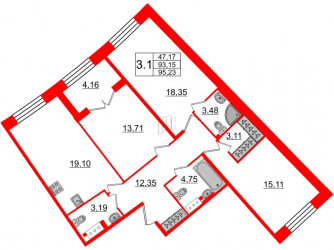 Трёхкомнатная квартира 93.15 м²
