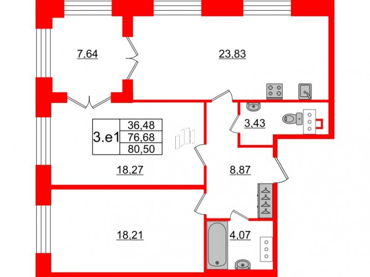 Двухкомнатная квартира 76.68 м²