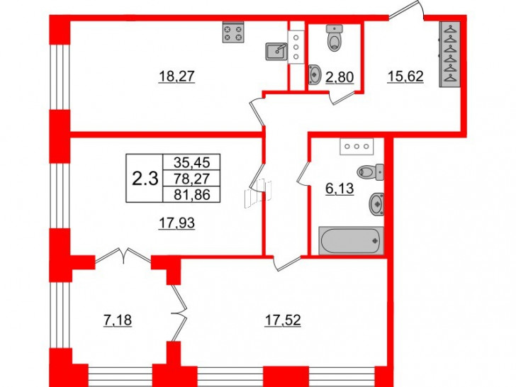 Двухкомнатная квартира 78.27 м²
