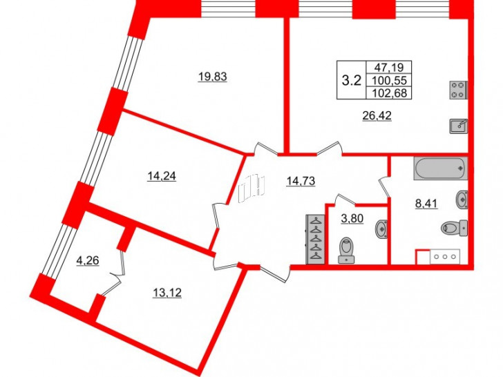 Трёхкомнатная квартира 100.55 м²