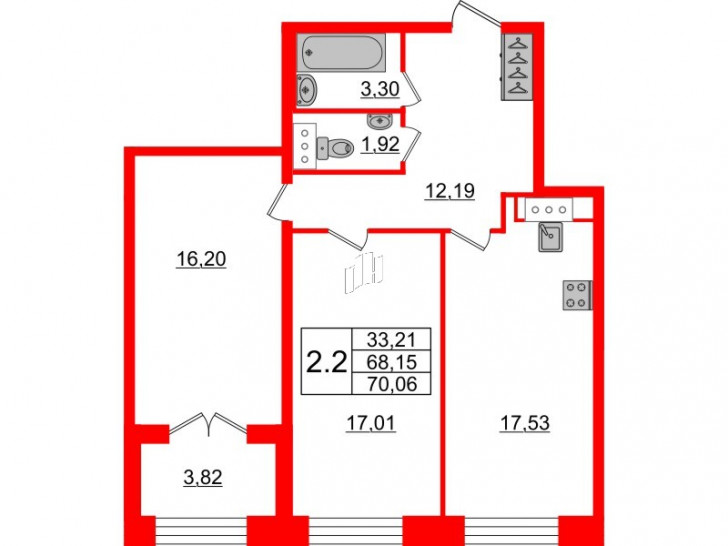 Двухкомнатная квартира 68.15 м²