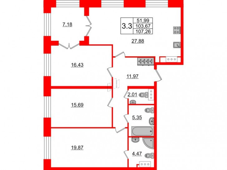 Трёхкомнатная квартира 103.67 м²