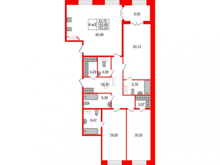 Трёхкомнатная квартира 150.68 м²