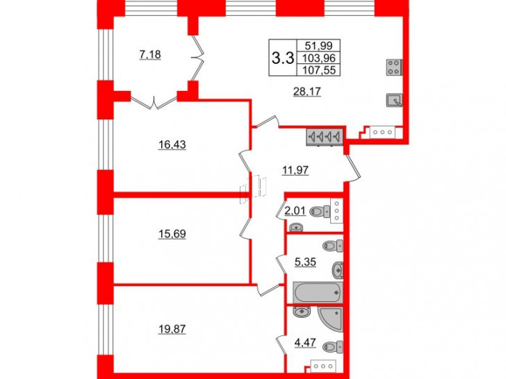 Трёхкомнатная квартира 103.96 м²